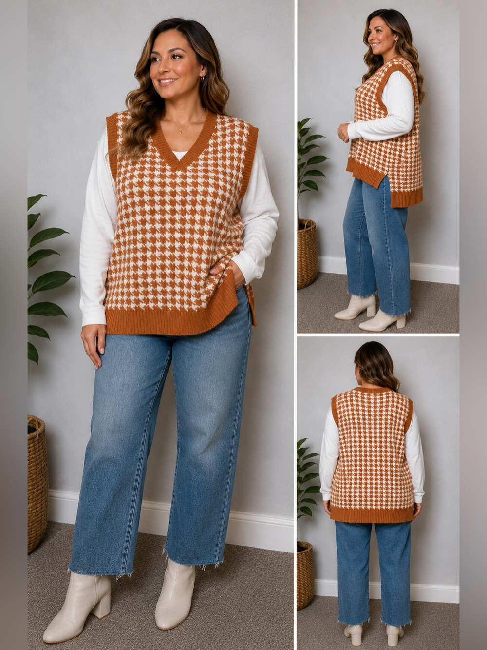 Double Zero Brown Cream Houndstooth Sweater Vest Size M